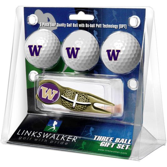 Washington Huskies 3-Pack Golf Ball Gift Set with Gold Crosshair Divot Tool