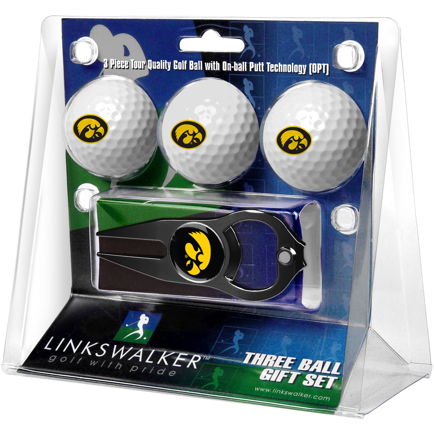 Iowa Hawkeyes 3-Pack Golf Ball Gift Set with Black Hat Trick Divot Tool