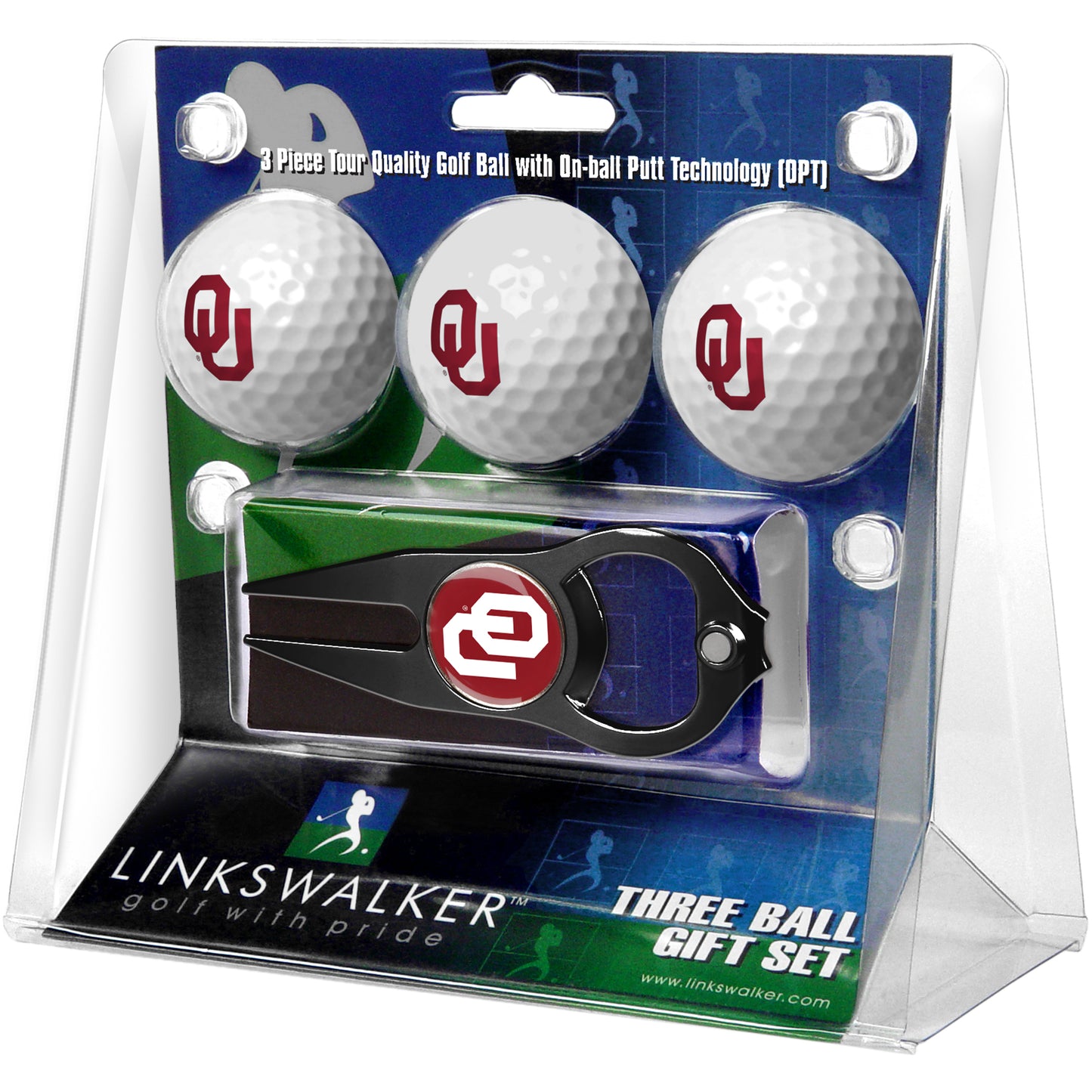 Oklahoma Sooners 3-Pack Golf Ball Gift Set with Black Hat Trick Divot Tool