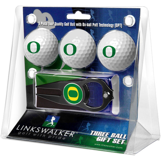 Oregon Ducks 3-Pack Golf Ball Gift Set with Black Hat Trick Divot Tool