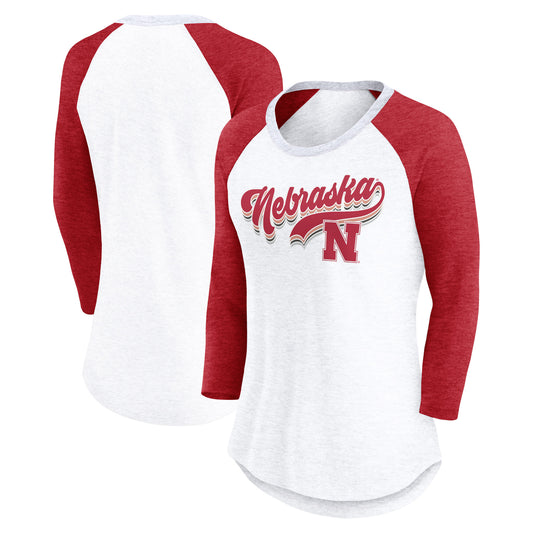 Women's Fanatics White/Heather Scarlet Nebraska Huskers Script Vibe Raglan Long Sleeve T-Shirt