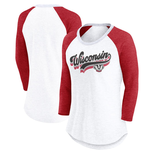 Women's Fanatics White/Heather Red Wisconsin Badgers Script Vibe Raglan Long Sleeve T-Shirt