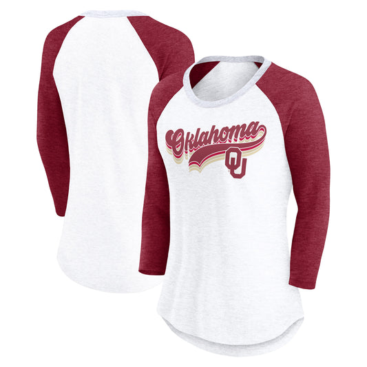 Women's Fanatics White/Heather Crimson Oklahoma Sooners Script Vibe Raglan Long Sleeve T-Shirt