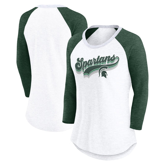 Women's Fanatics White/Heather Green Michigan State Spartans Script Vibe Raglan Long Sleeve T-Shirt