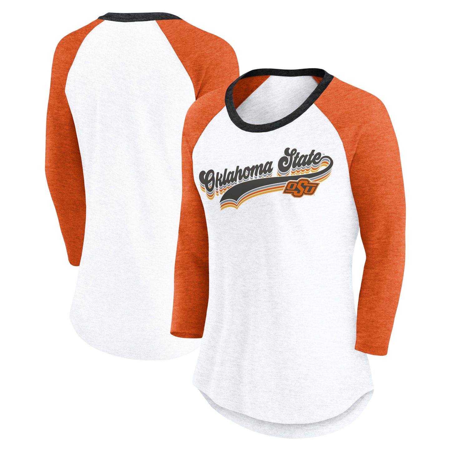 Women's Fanatics White/Heather Orange Oklahoma State Cowboys Script Vibe Raglan Long Sleeve T-Shirt