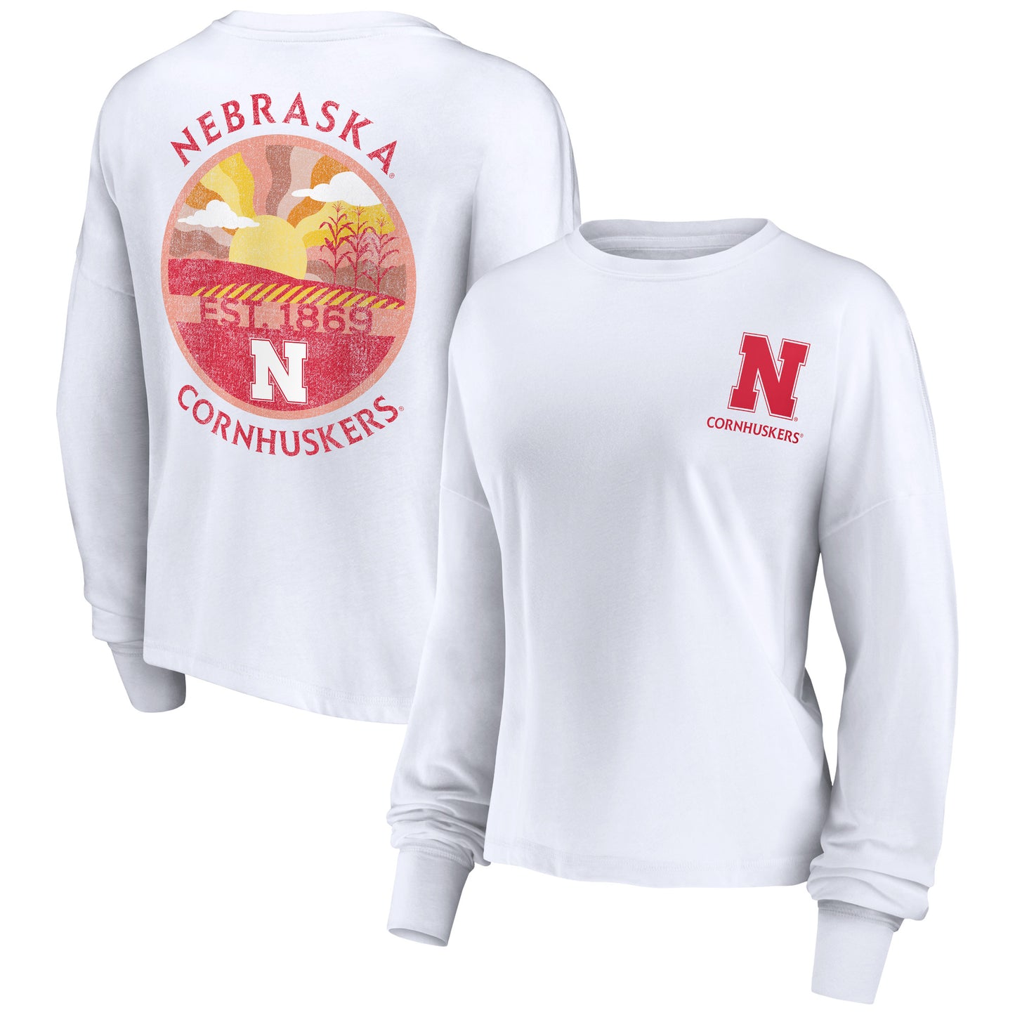 Women's Fanatics White Nebraska Huskers Staycation Bright Long Sleeve T-Shirt