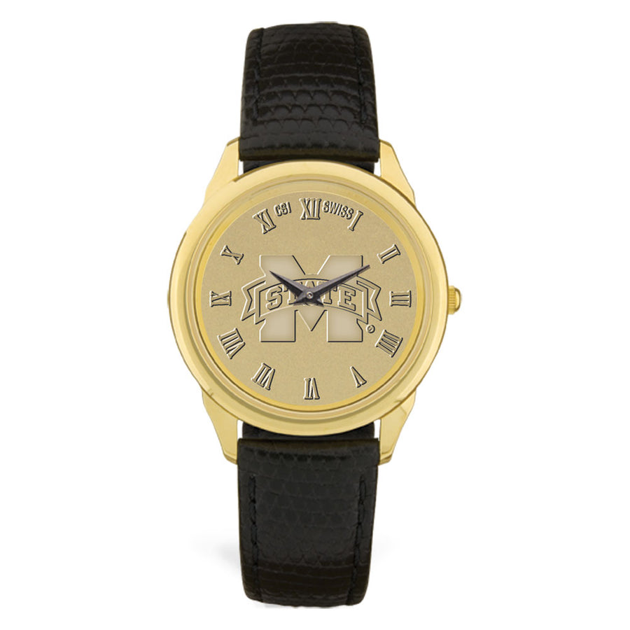 Gold Mississippi State Bulldogs Personalized Medallion Black Leather Wristwatch