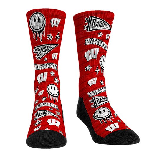 Rock Em Socks Wisconsin Badgers Smiley Stickers Crew Socks