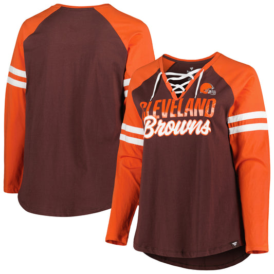 Women's Fanatics Brown/Orange Cleveland Browns Plus Size True to Form Lace-Up V-Neck Raglan Long Sleeve T-Shirt