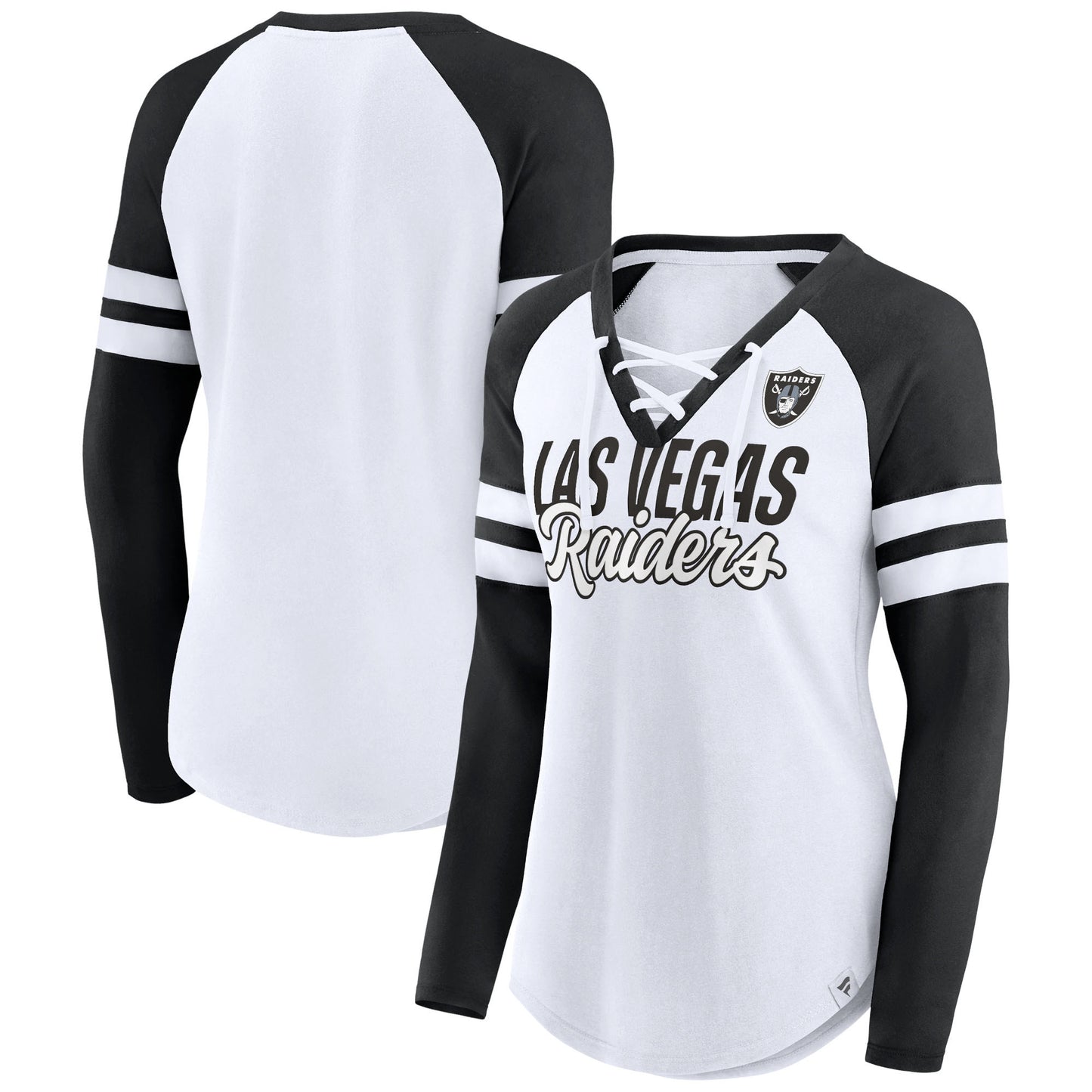 Women's Fanatics White Las Vegas Raiders Plus Size True to Form Lace-Up V-Neck Raglan Long Sleeve T-Shirt