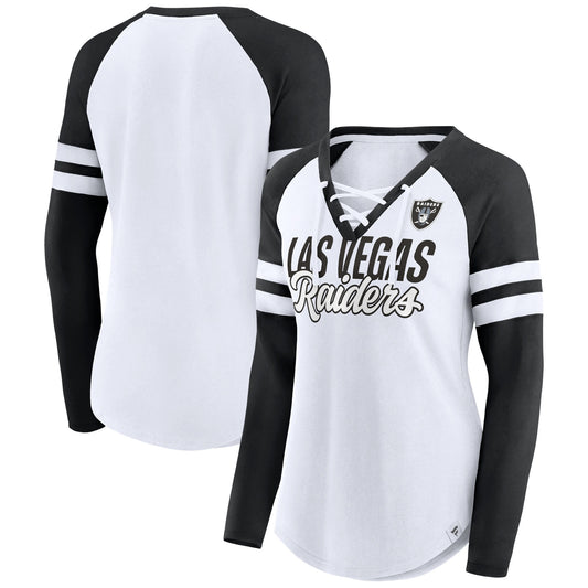 Women's Fanatics White Las Vegas Raiders Plus Size True to Form Lace-Up V-Neck Raglan Long Sleeve T-Shirt