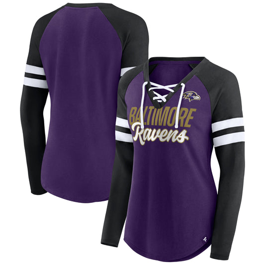 Women's Fanatics Purple/Black Baltimore Ravens Plus Size True to Form Lace-Up V-Neck Raglan Long Sleeve T-Shirt