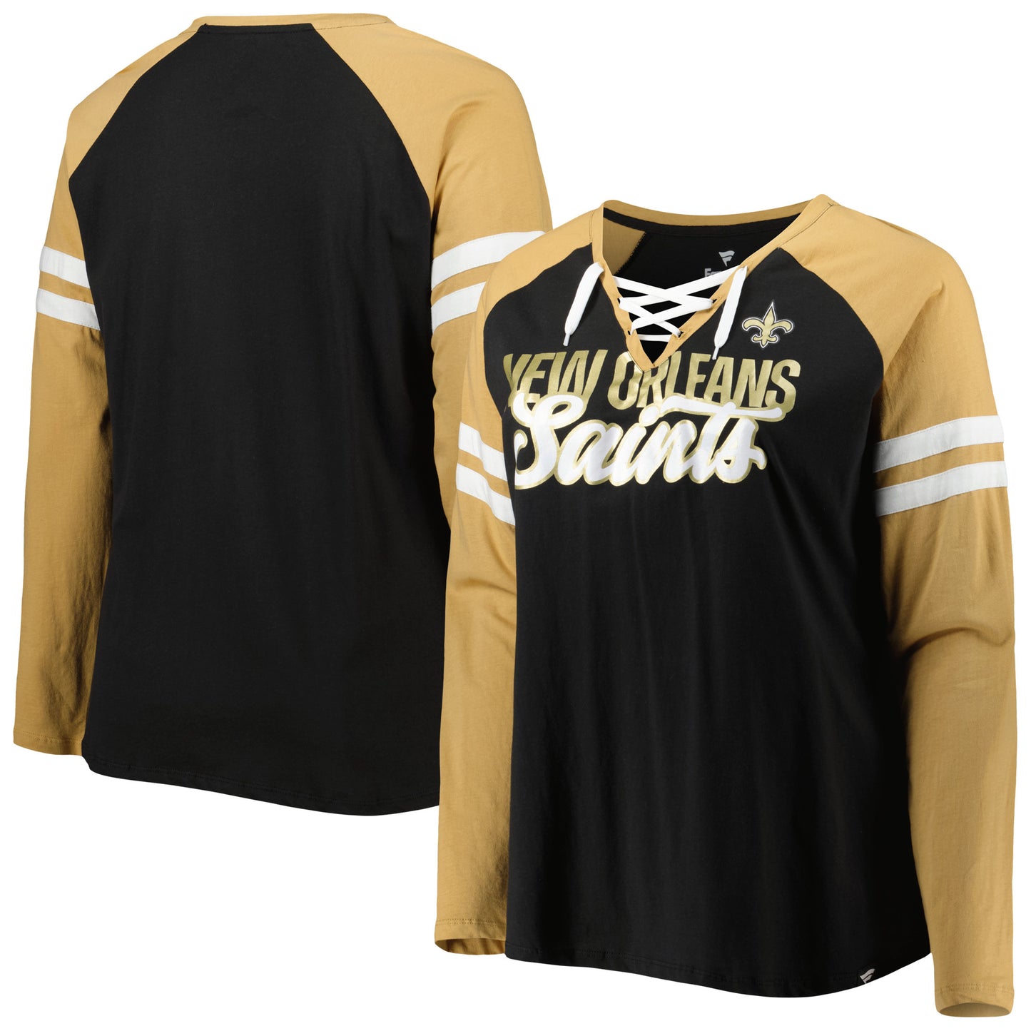 Women's Fanatics Black/Vegas Gold New Orleans Saints Plus Size True to Form Lace-Up V-Neck Raglan Long Sleeve T-Shirt