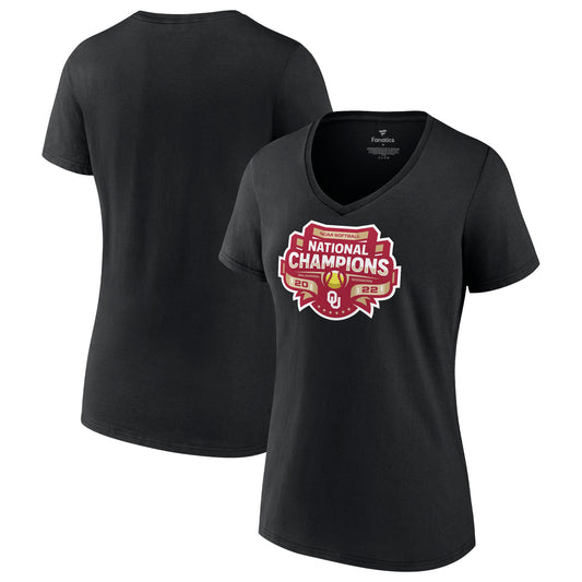 Women's Fanatics Black Oklahoma Sooners 2022 NCAA Softball Women's College World Series Champions Strike V-Neck T-Shirt