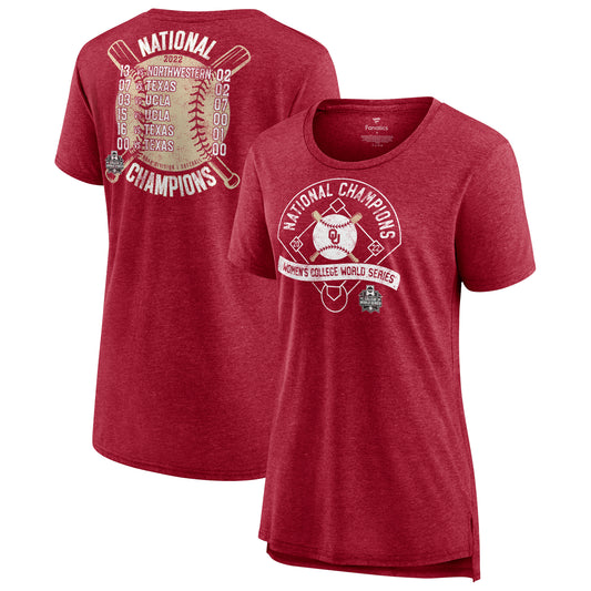 Women's Fanatics Heathered Crimson Oklahoma Sooners 2022 NCAA Softball Women's College World Series Champions Slide Schedule T-Shirt