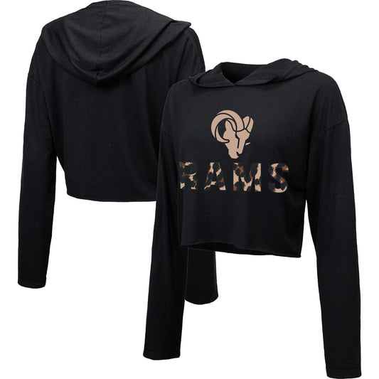 Women's Majestic Threads Black Los Angeles Rams Leopard Cropped Pullover Hoodie