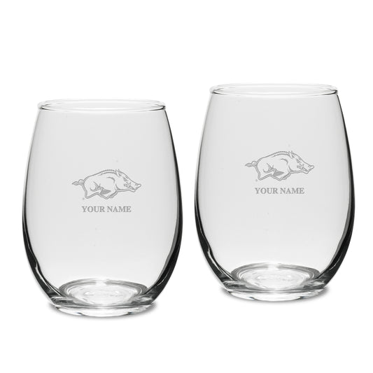 Arkansas Razorbacks Personalized 15oz. 2-Piece Stemless Wine Glass Set