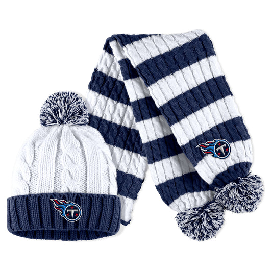 Women's WEAR by Erin Andrews  Navy/White Tennessee Titans Cable Stripe Cuffed Knit Hat with Pom and Scarf Set