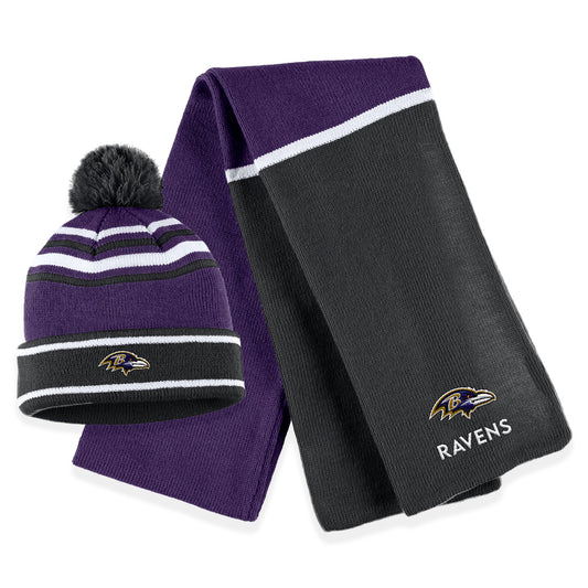 Women's WEAR by Erin Andrews Purple Baltimore Ravens Colorblock Cuffed Knit Hat with Pom and Scarf Set