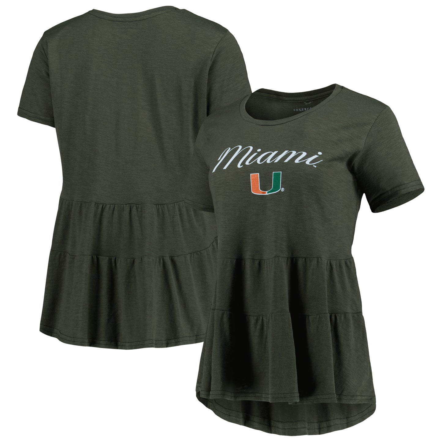 Women's Green Miami Hurricanes Willow Ruffle-Bottom T-Shirt