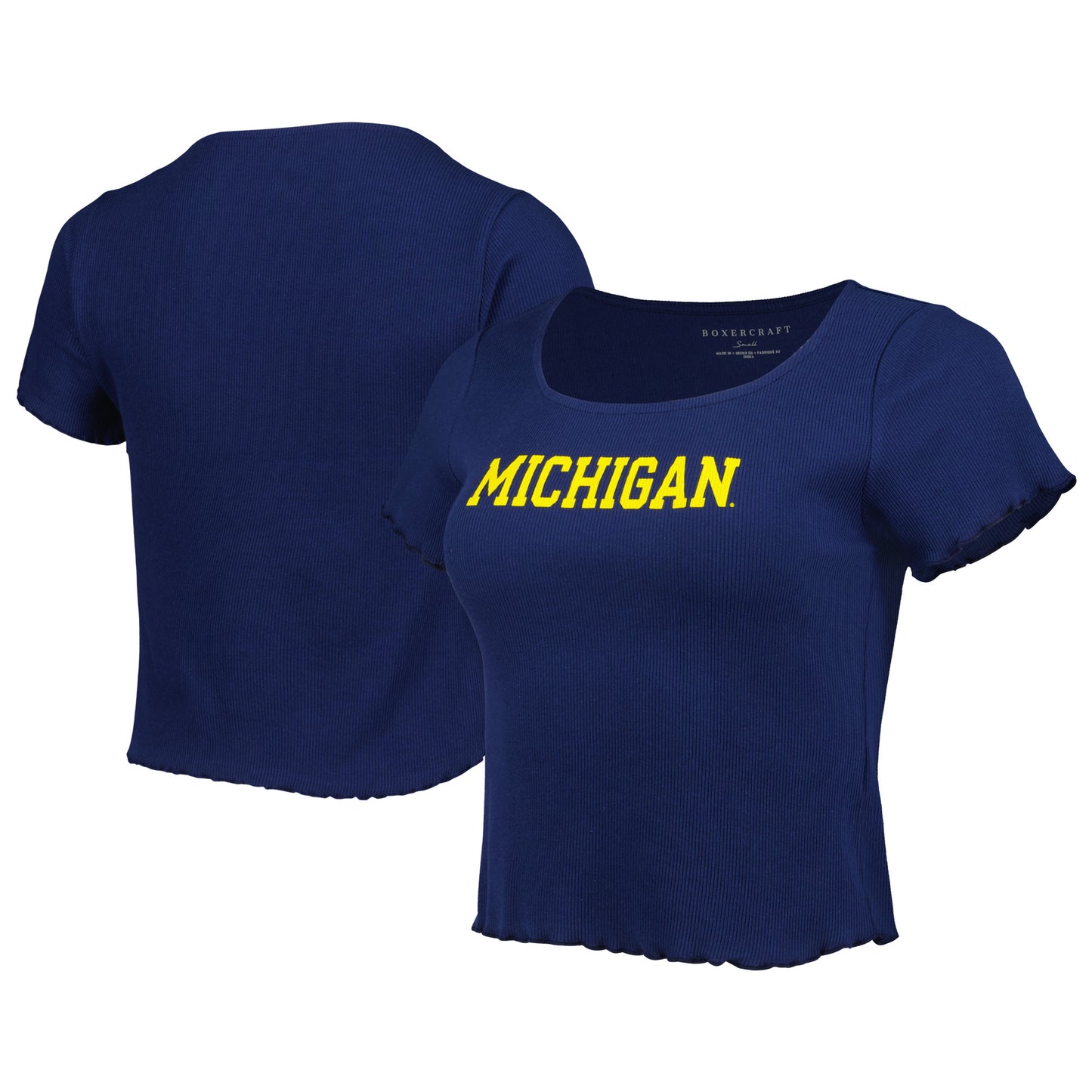 Women's Navy Michigan Wolverines Baby Rib Lettuce-Edge Trim T-Shirt