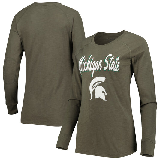 Women's Olive Michigan State Spartans Payton Elbow Patch Slub Raglan Long Sleeve T-Shirt