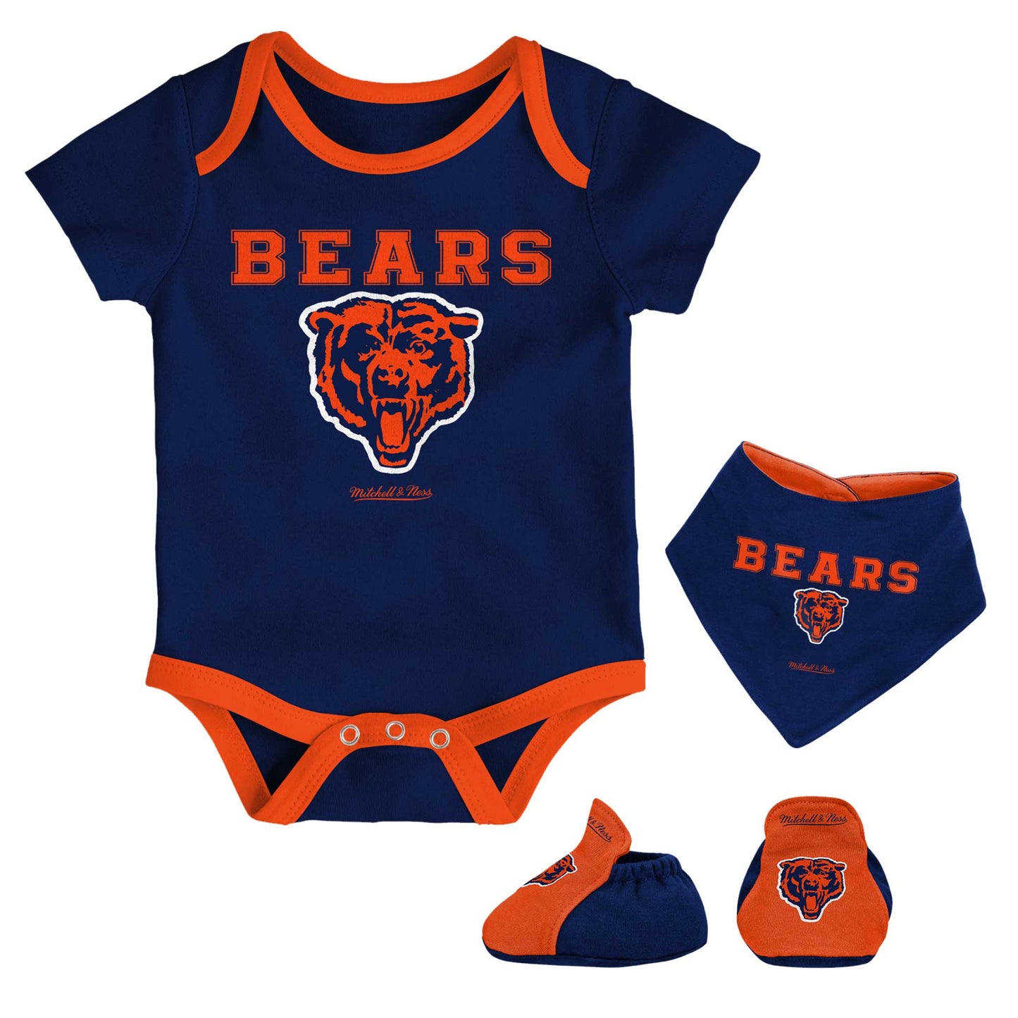 Newborn & Infant Mitchell & Ness Navy/Orange Chicago Bears Throwback Bodysuit Bib & Booties Set