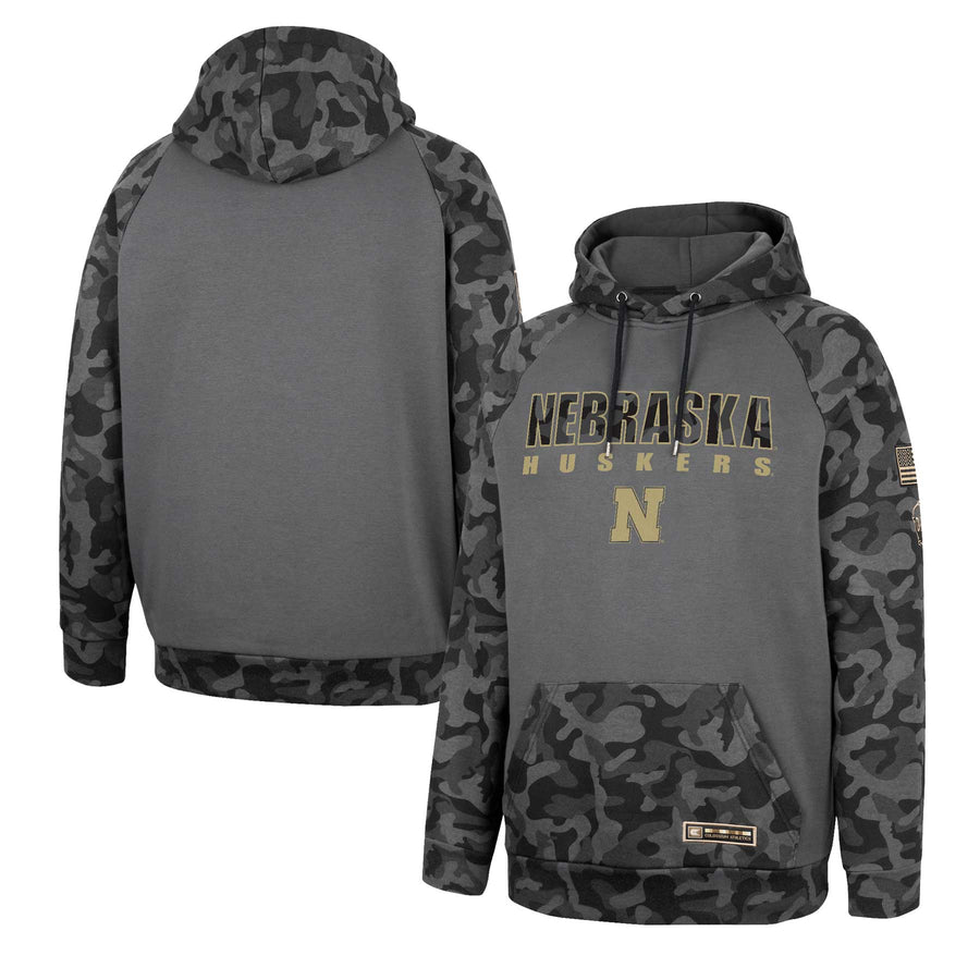 Men's Colosseum Charcoal Nebraska Huskers OHT Military Appreciation Camo Stack Raglan Pullover Hoodie