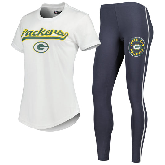 Women's Concepts Sport White/Charcoal Green Bay Packers Sonata T-Shirt & Leggings Sleep Set