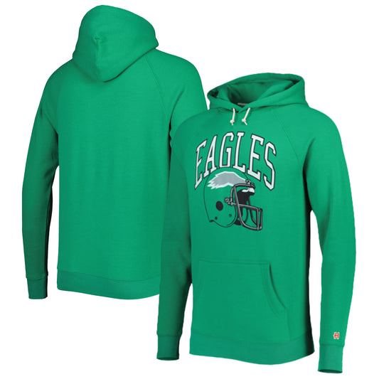 Men's Homage Kelly Green Philadelphia Eagles Retro Helmet Tri-Blend Raglan Pullover Hoodie