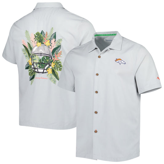 Men's Tommy Bahama Gray Denver Broncos Coconut Point Frondly Fan Camp IslandZone Button-Up Shirt