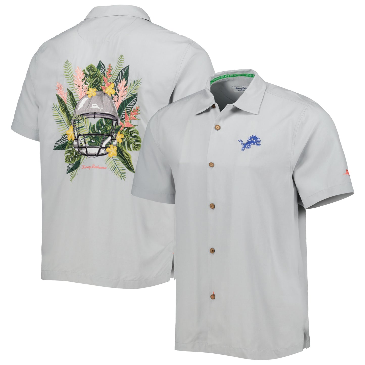Men's Tommy Bahama Gray Detroit Lions Coconut Point Frondly Fan Camp IslandZone Button-Up Shirt