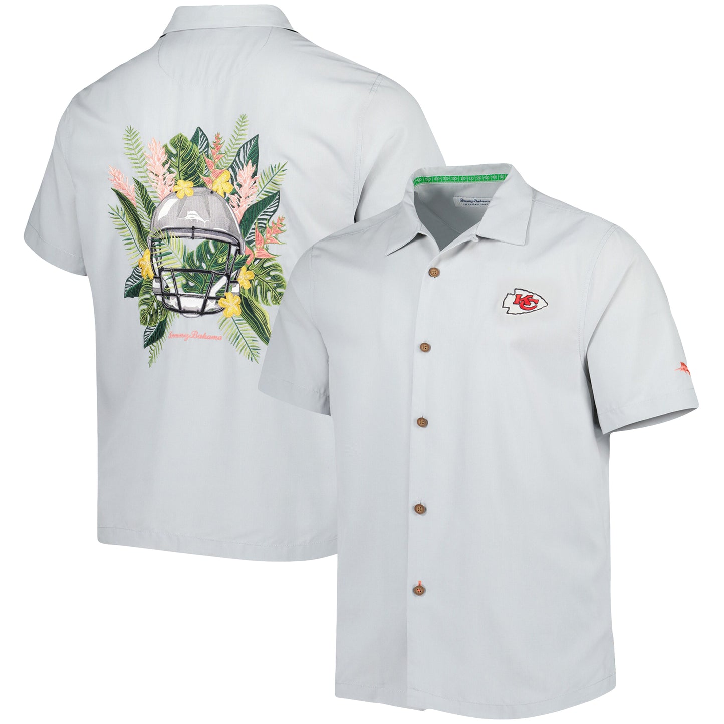 Men's Tommy Bahama Gray Kansas City Chiefs Coconut Point Frondly Fan Camp IslandZone Button-Up Shirt