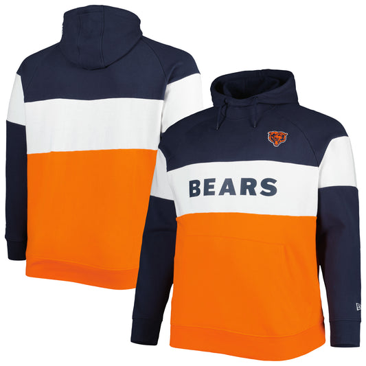 Men's New Era Navy/Orange Chicago Bears Big & Tall Current Team Colorblock Fleece Raglan Pullover Hoodie