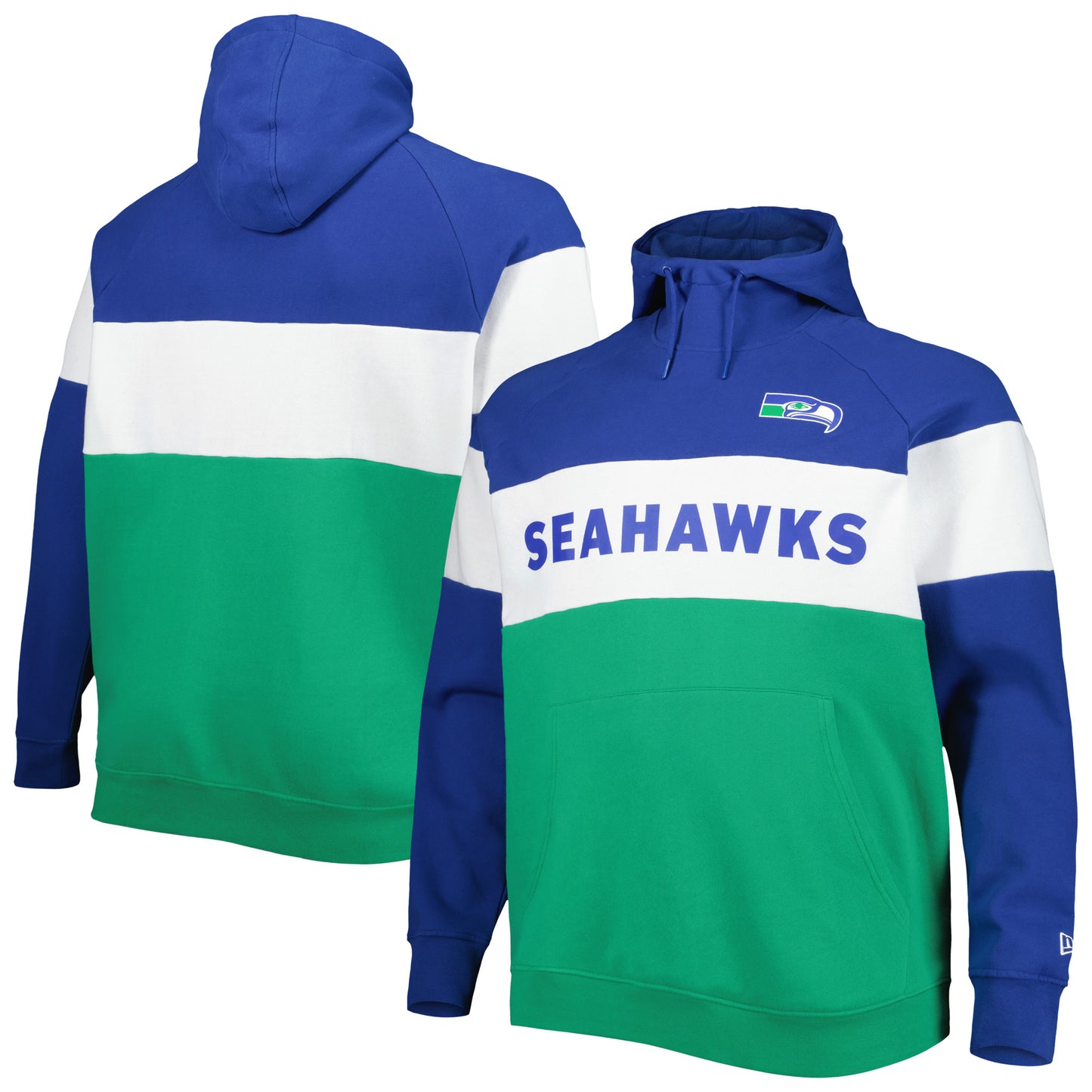 Men's New Era Royal/Green Seattle Seahawks Big & Tall Throwback Colorblock Fleece Raglan Pullover Hoodie