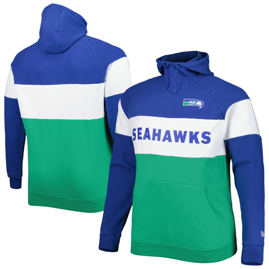 Men's New Era Kelly Green Seattle Seahawks Big & Tall Throwback Colorblock Raglan Pullover Hoodie