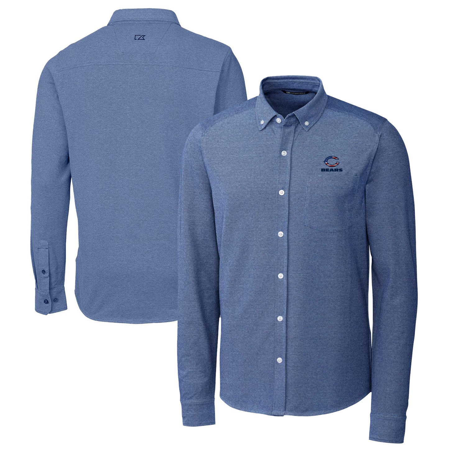 Men's Cutter & Buck Blue Chicago Bears Advantage Tri-Blend Pique Long Sleeve Button-Down Shirt