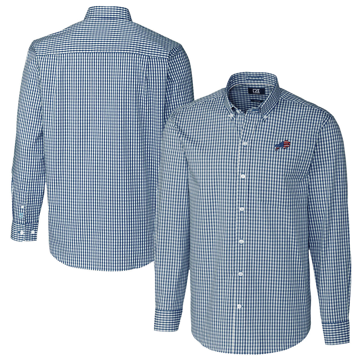 Men's Cutter & Buck Navy Buffalo Bills Easy Care Stretch Gingham Big & Tall Long Sleeve Button-Down Shirt
