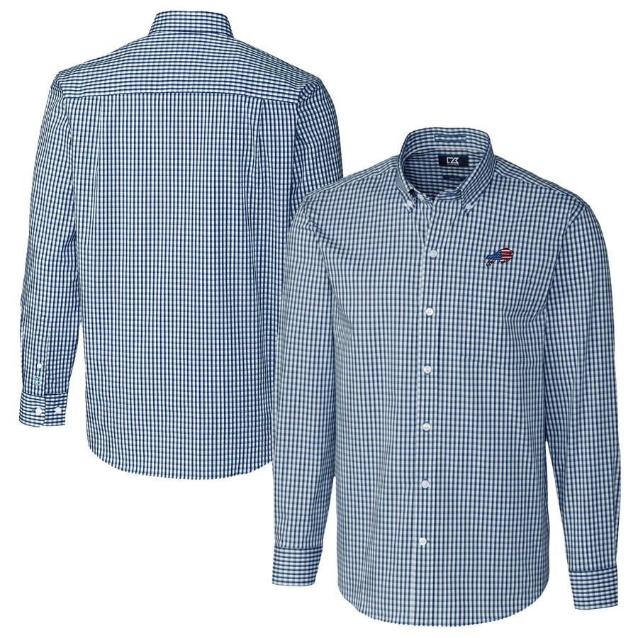 Men's Cutter & Buck Navy Buffalo Bills Easy Care Stretch Gingham Big & Tall Long Sleeve Button-Down Shirt