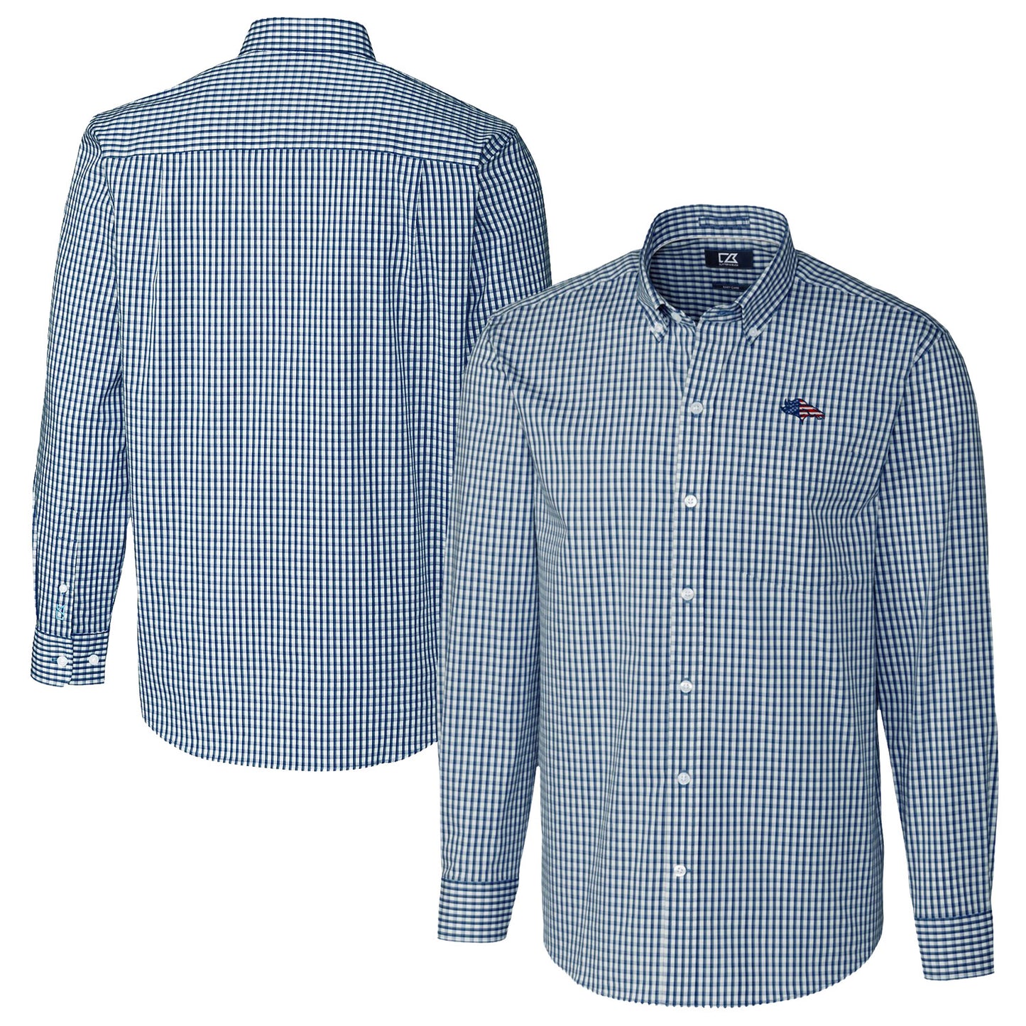 Men's Cutter & Buck Navy Denver Broncos Easy Care Stretch Gingham Big & Tall Long Sleeve Button-Down Shirt