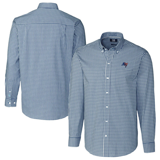 Men's Cutter & Buck Navy Tampa Bay Buccaneers Easy Care Stretch Gingham Big & Tall Long Sleeve Button-Down Shirt