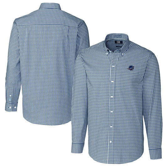 Men's Cutter & Buck Navy Miami Dolphins Easy Care Stretch Gingham Big & Tall Long Sleeve Button-Down Shirt