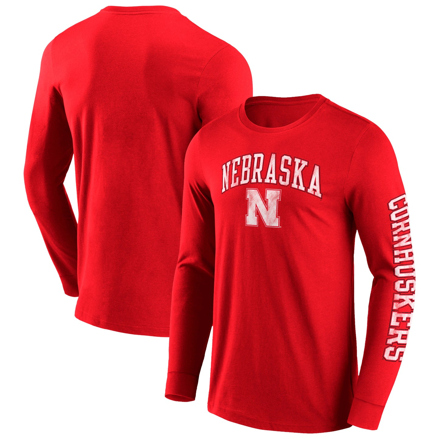 Men's Fanatics Scarlet Nebraska Huskers Distressed Arch Over Logo 2.0 Long Sleeve T-Shirt