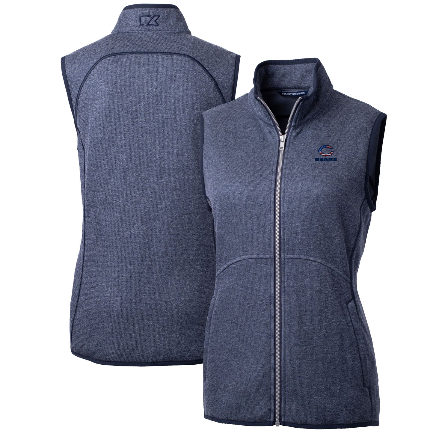 Women's Cutter & Buck Heathered Navy Chicago Bears Mainsail Basic Sweater Knit Fleece Full-Zip Vest