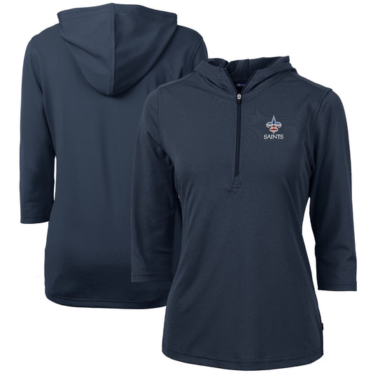 Women's Cutter & Buck Navy New Orleans Saints Virtue Eco Pique 3/4 Sleeve Half-Zip Pullover Hoodie