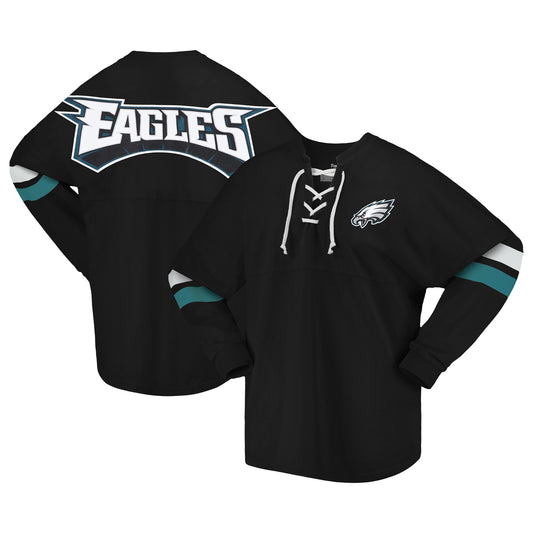 Women's Fanatics Black Philadelphia Eagles Spirit Jersey Lace-Up V-Neck Long Sleeve T-Shirt