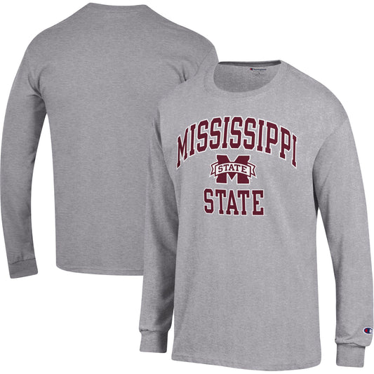 Men's Champion Heather Gray Mississippi State Bulldogs High Motor Long Sleeve T-Shirt