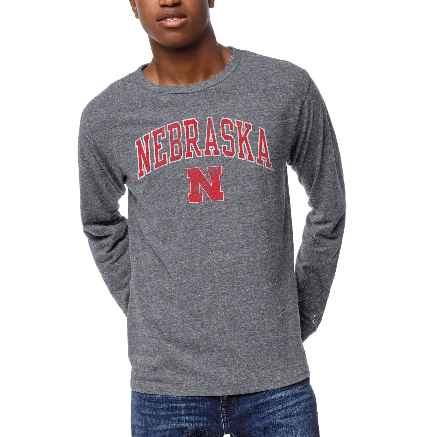 Men's League Collegiate Wear Heather Gray Nebraska Huskers 1965 Victory Falls Long Sleeve Tri-Blend T-Shirt