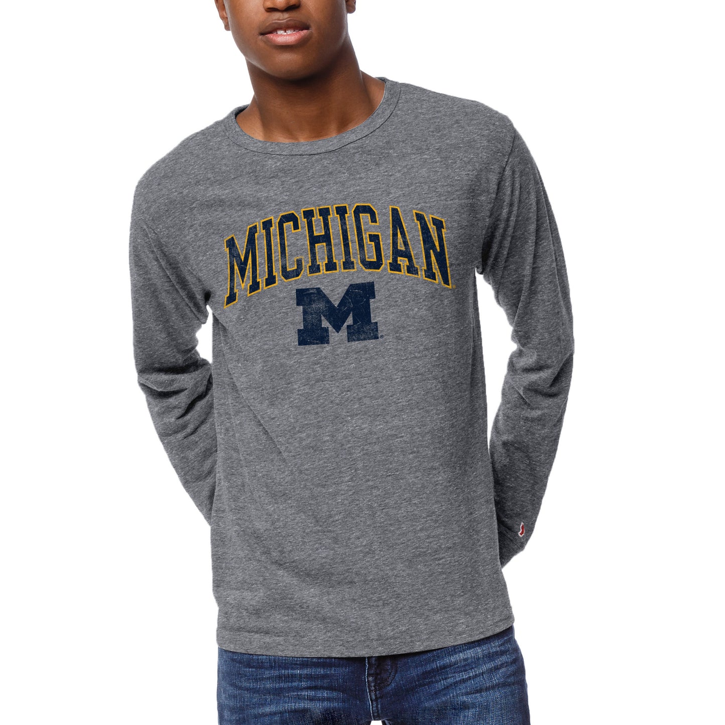 Men's League Collegiate Wear Heather Gray Michigan Wolverines 1965 Victory Falls Long Sleeve Tri-Blend T-Shirt