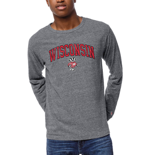 Men's League Collegiate Wear Heather Gray Wisconsin Badgers 1965 Victory Falls Long Sleeve Tri-Blend T-Shirt